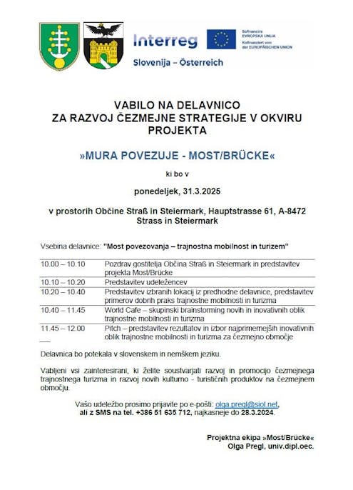 VABILO NA DELAVNICO ZA RAZVOJ ČEZMEJNE STRATEGIJE V OKVIRU PROJEKTA » MURA POVEZUJE MOST/BRÜCKE «